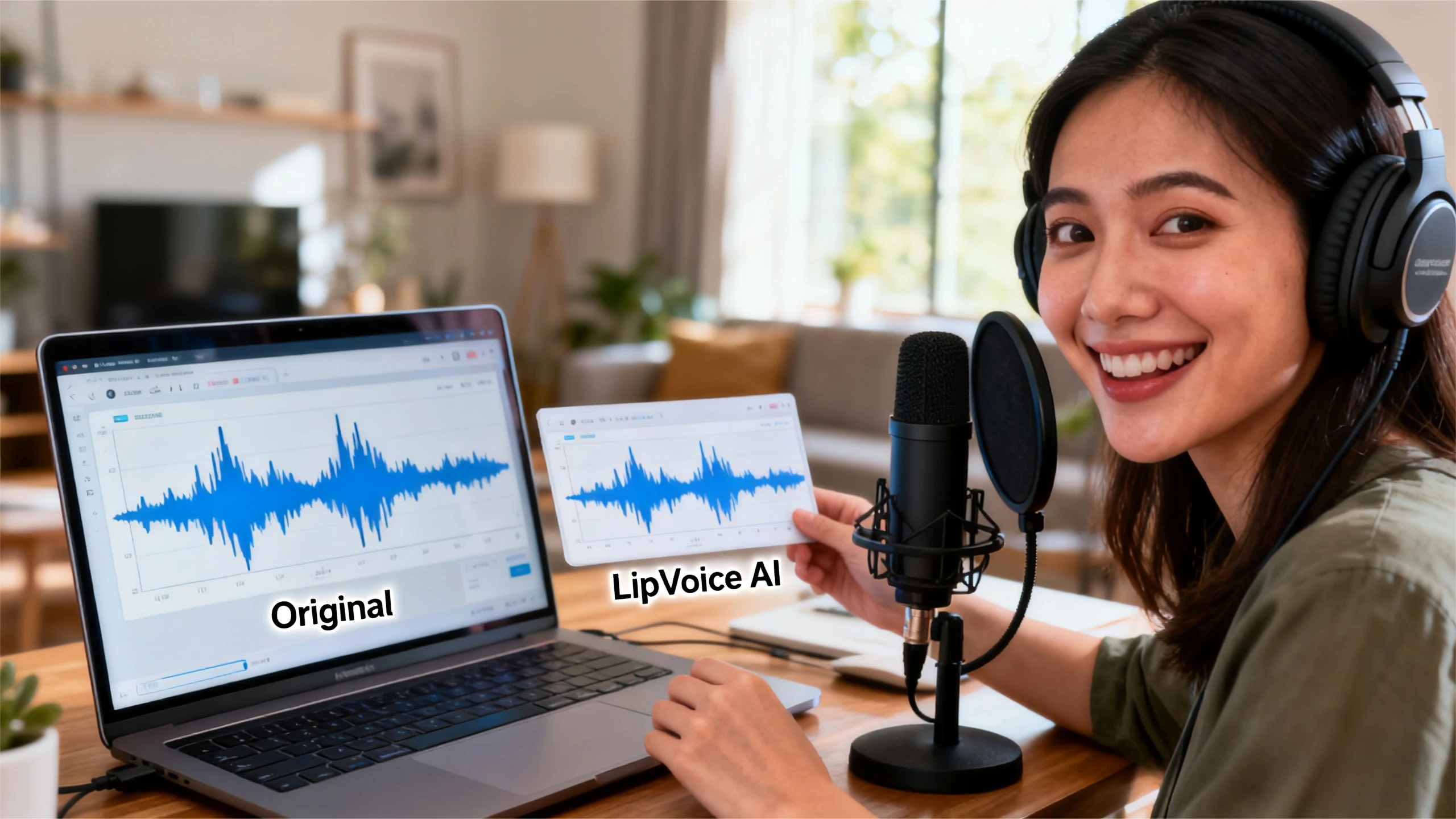 用户通过LipVoice AI体验声音克隆技术,电脑屏幕实时对比原声与AI合成声波形。展示AI语音合成在视频配音中的真实应用场景,效果直观可见。