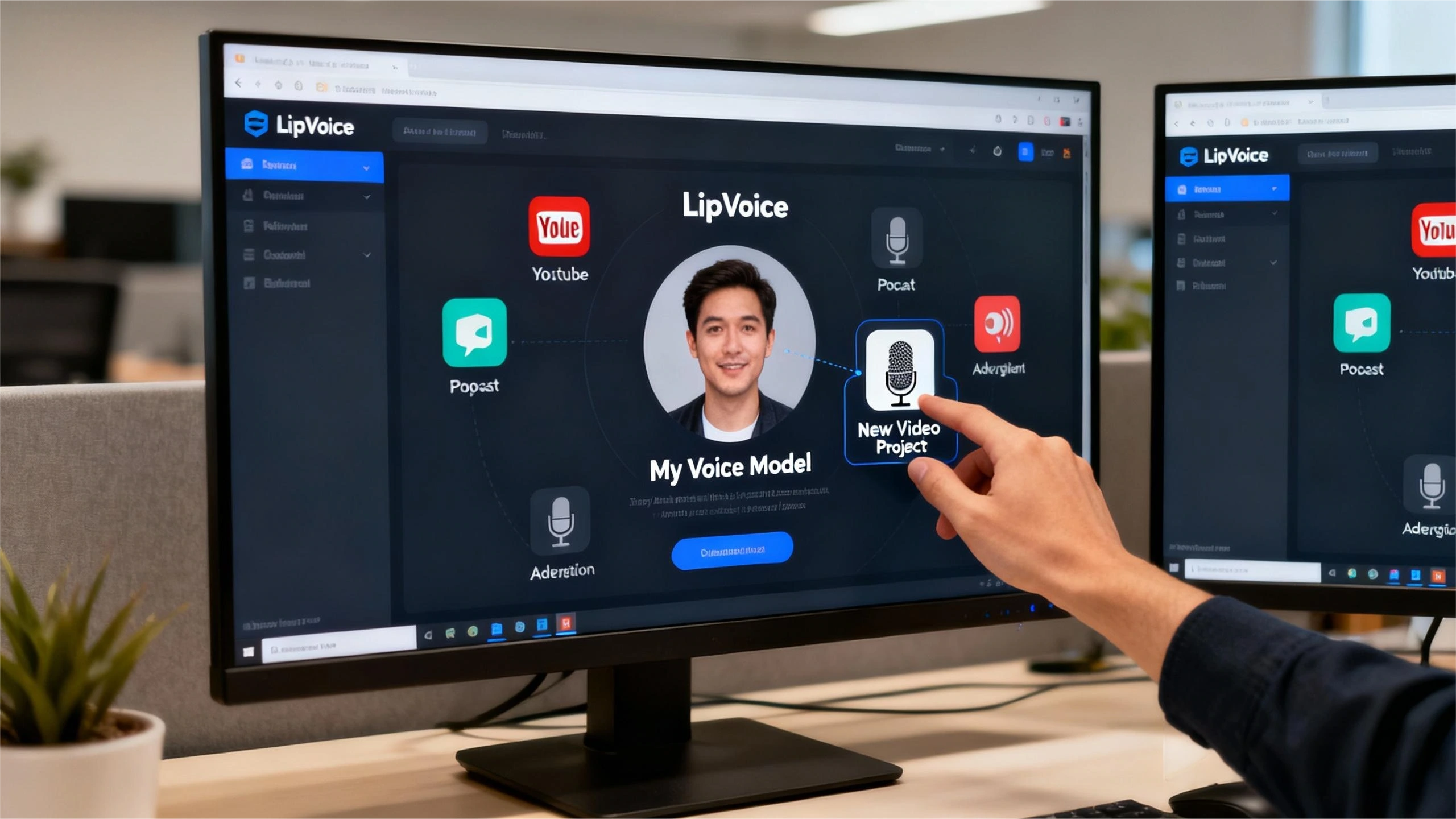 用户使用概念场景: 用户在LipVoice平台创建个人声音模型,界面显示YouTube、播客等多场景适配选项。展现AI配音神器从音色克隆到内容制作的一站式工作流。